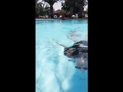 Pompino subacqueo in piscina con guardone